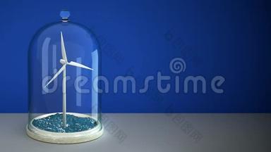 在桌子上的玻璃灯泡下在海上的风车。 3D4K
